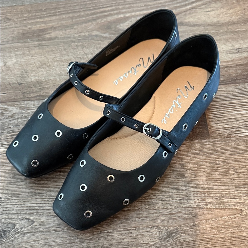 Black Leather Mary Jane Flats with Silver Eyelets (Mick Flats)